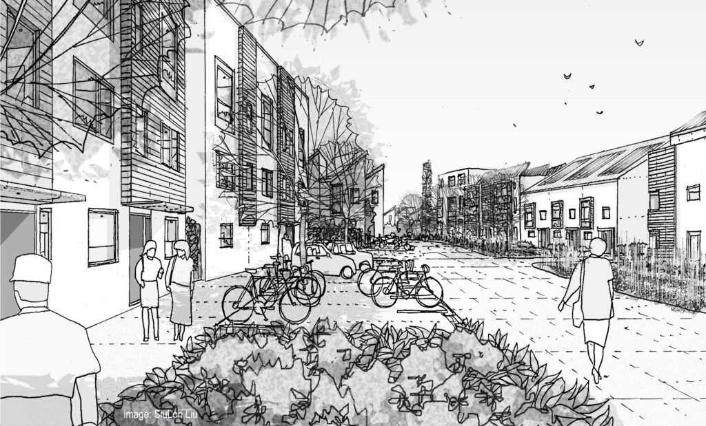 Concept sketch for Hanham Hall Carbon Challenge Competition – I was Project Architect for the (finalist) Taylor Wimpey bid